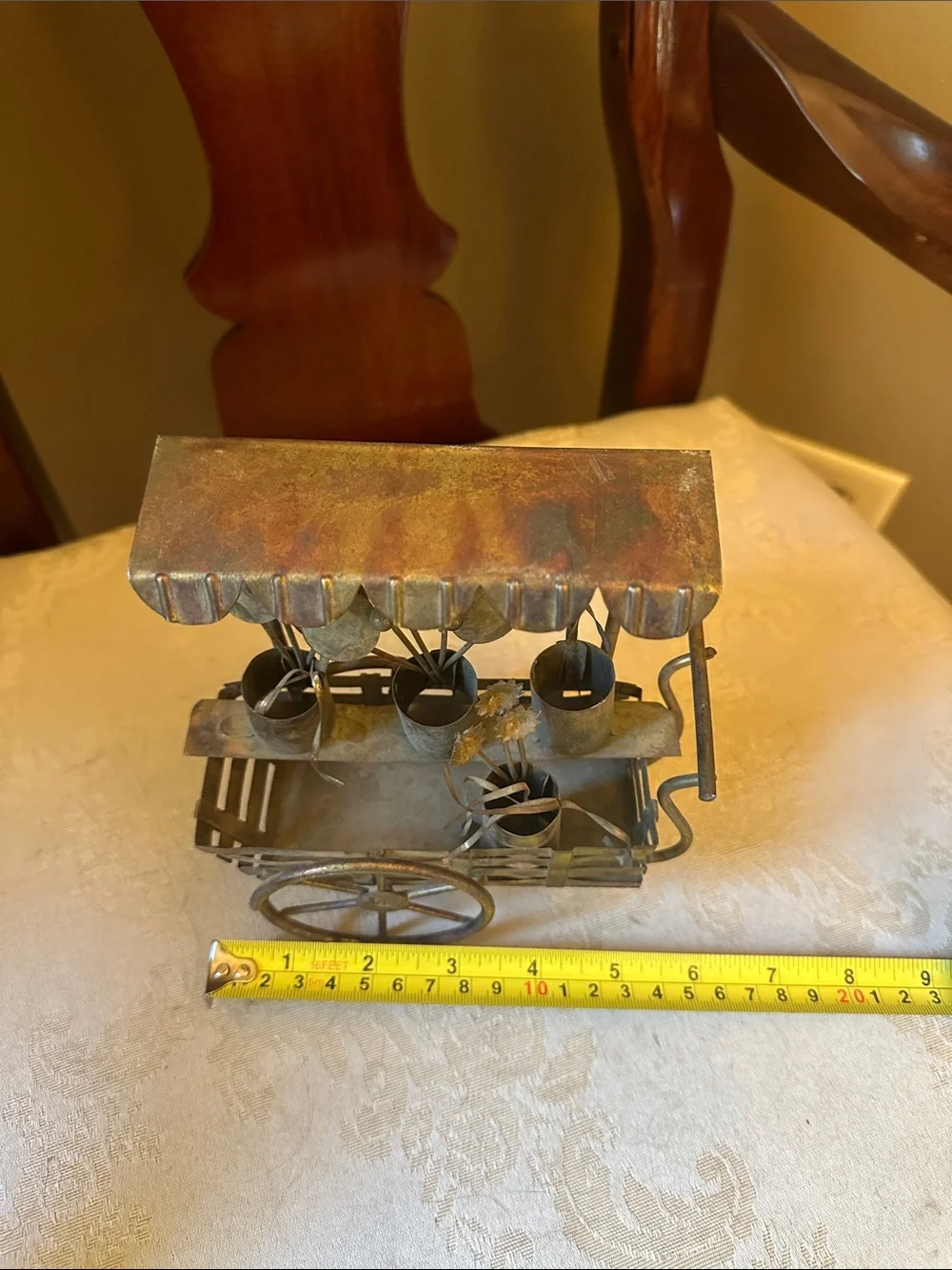 Vintage copper and brass 3D flower cart, wagon w/buckets of flowers